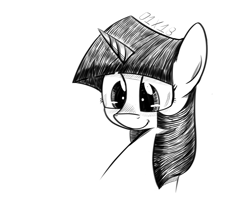 Size: 1280x1024 | Tagged: safe, artist:dsana, derpibooru import, twilight sparkle, pony, bust, female, ink drawing, inktober, mare, monochrome, simple background, sketch, smiling, solo, traditional art, white background
