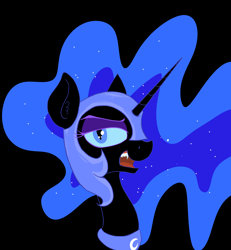 Size: 2569x2782 | Tagged: safe, artist:paskanaakka, derpibooru exclusive, derpibooru import, nightmare moon, black background, bust, ear fluff, eyeshadow, fangs, makeup, portrait, simple background, solo