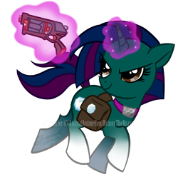 Size: 849x841 | Tagged: safe, artist:conphettey, derpibooru import, oc, oc only, oc:amelia moonstone, pony, unicorn, female, gun, mare, simple background, solo, transparent background, weapon