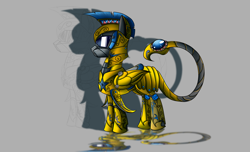 Size: 2800x1700 | Tagged: safe, artist:elmutanto, derpibooru import, oc, oc only, oc:pale shroud, pegasus, pony, fallout equestria, fanfic:fallout equestria: broken oaths, armor, gray background, helmet, scorpion tail, simple background, solo