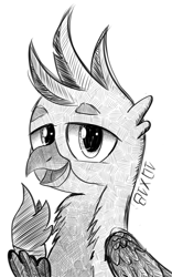 Size: 1200x1920 | Tagged: safe, artist:dsana, derpibooru import, gallus, griffon, bust, ink drawing, inktober, lidded eyes, looking at you, male, monochrome, open mouth, simple background, sketch, smiling, solo, traditional art, white background