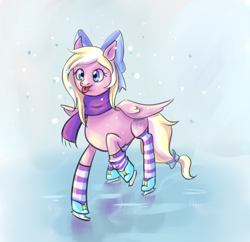 Size: 1550x1500 | Tagged: artist needed, source needed, safe, derpibooru import, oc, oc only, oc:bay breeze, pegasus, pony, clothes, female, ice skating, scarf, snow, socks, solo, striped socks, tongue out