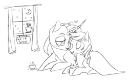 Size: 1409x880 | Tagged: safe, derpibooru import, oc, oc only, pegasus, pony, unicorn, blanket, couple, curved horn, duo, flower, horn, monochrome, moon, mug, nuzzling, sketch, smiling, snow, window, wingding eyes, winter