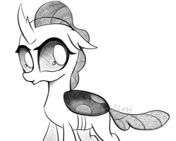 Size: 1280x1024 | Tagged: safe, artist:dsana, derpibooru import, ocellus, changedling, changeling, female, floppy ears, ink drawing, inktober, looking at you, monochrome, simple background, sketch, smiling, solo, traditional art, white background