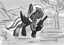 Size: 1024x724 | Tagged: safe, artist:ladycookie, derpibooru import, oc, oc:lilac mist, bat pony, pony, fallout equestria, bandage, bat pony oc, bat wings, clothes, fanfic, fanfic art, female, grayscale, gun, hooves, mare, monochrome, optical sight, rifle, simple background, sniper rifle, solo, vault suit, weapon, wings