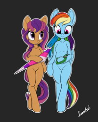 Size: 1526x1906 | Tagged: safe, alternate version, artist:lunebat, derpibooru import, rainbow dash, scootaloo (g3), anthro, earth pony, pegasus, semi-anthro, unguligrade anthro, 35th anniversary, arm hooves, barbie doll anatomy, breasts, featureless breasts, featureless crotch, female, kite, looking at something, mare, simple background, smiling