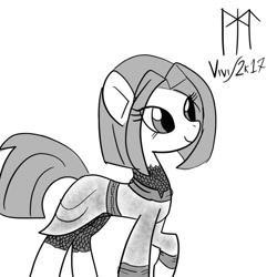 Size: 894x894 | Tagged: safe, artist:ladycookie, derpibooru import, oc, earth pony, pony, armor, chainmail, grayscale, medieval, monochrome, short hair, tunic, unnamed oc