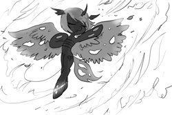 Size: 1024x683 | Tagged: safe, artist:ladycookie, derpibooru import, oc, oc:astroty, changeling, changeling oc, dancing, fire, flying, grayscale, monochrome, spinning, storm, wings