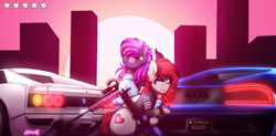 Size: 3480x1708 | Tagged: safe, artist:aaa-its-spook, derpibooru import, oc, oc only, oc:ponepony, oc:spook, demon pony, earth pony, pony, accessories, aviator glasses, car, clothes, ear piercing, earring, fangs, female, glowing eyes, grand theft auto, gta online, gta v, gun, horns, jacket, jewelry, leaning, license plate, looking at you, machine gun, necktie, piercing, retro, rifle, scope, skyscraper, sniper rifle, suit, sun, sunglasses, sunset, supercar, truffade adder, weapon