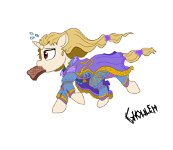 Size: 1500x1300 | Tagged: safe, artist:ghouleh, derpibooru import, oc, oc only, oc:regal inkwell, pony, unicorn, bread, clothes, food, late, male, robe, running, school uniform, schoolgirl toast, simple background, solo, sweat, tail wrap, teenager, toast, transparent background, uniform