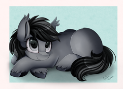 Size: 2494x1816 | Tagged: safe, artist:pridark, derpibooru import, oc, oc only, earth pony, pony, blank flank, commission, crossed hooves, cute, female, mare, ocbetes, prone, smiling, solo, unshorn fetlocks