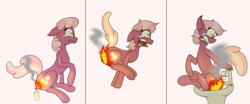 Size: 1280x535 | Tagged: safe, artist:hotrolls, derpibooru import, cheerilee, earth pony, pony, abuse, bad end, burned, burned butt, butt fire, candle, cheeribuse, comic, female, fire, hot, literal butthurt, lol, mare, meme, pain, raised tail, screaming, simple background, singed, sink, smoke, smoke trail, solo, tail, teary eyes, this is going to hurt, why, why would you do that, wide eyes