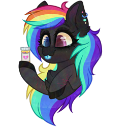 Size: 1000x1000 | Tagged: safe, artist:_spacemonkeyz_, derpibooru import, oc, oc:happy pills, pony, colored hooves, ear piercing, earring, female, heterochromia, jewelry, mare, piercing, pills, rainbow hair, simple background, solo, tongue out, transparent background