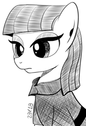 Size: 1130x1666 | Tagged: safe, artist:dsana, derpibooru import, maud pie, earth pony, pony, clothes, dress, female, ink drawing, inktober, lidded eyes, mare, monochrome, simple background, sketch, solo, traditional art, white background