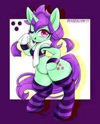 Size: 1654x2048 | Tagged: safe, artist:bbtasu, derpibooru import, oc, oc only, oc:possession, pony, unicorn, bipedal, clothes, female, mare, one eye closed, socks, solo, striped socks, wink