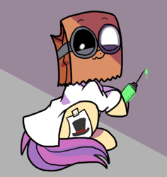 Size: 680x720 | Tagged: safe, artist:paperbagpony, derpibooru import, oc, oc:paper bag, pony, clothes, costume, dr. flug, goggles, halloween costume, needle, paper bag, syringe, villainous