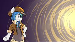 Size: 2732x1536 | Tagged: safe, artist:spheedc, derpibooru import, oc, oc only, oc:light chaser, anthro, earth pony, semi-anthro, bipedal, blue eyes, blue hair, clothes, digital art, female, hat, mare, smiling, solo