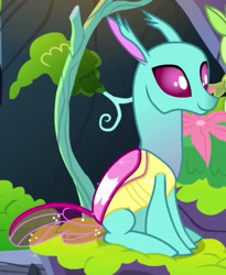 Size: 522x636 | Tagged: safe, derpibooru import, screencap, spiracle, changedling, changeling, the hearth's warming club, cropped, sitting, smiling, solo