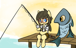 Size: 1790x1137 | Tagged: safe, artist:spheedc, derpibooru import, oc, oc only, oc:sphee, earth pony, fish, semi-anthro, bipedal, clothes, digital art, female, filly, fishing, fishing rod, glasses, mare, pier, pigtails, simple background, sitting, smiling, solo