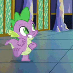 Size: 400x400 | Tagged: safe, derpibooru import, edit, screencap, spike, dragon, father knows beast, animated, baby, baby dragon, cropped, cute, dancing, door, feet, folded wings, gif, green eyes, grin, hallway, loop, male, shit eating grin, smiling, solo, spikabetes, strut, swagger, teeth, twilight's castle, underfoot, winged spike, wings