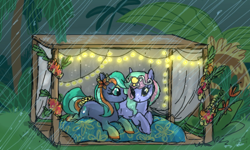 Size: 500x300 | Tagged: safe, artist:conphettey, derpibooru import, oc, oc:cabana rain, oc:fairy lights, pony, duo