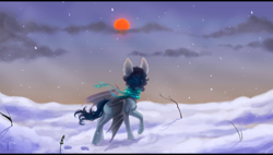 Size: 2800x1594 | Tagged: safe, artist:baobabguy, derpibooru import, oc, oc only, oc:nyctimene, bat pony, pony, commission, snow, solo, winter