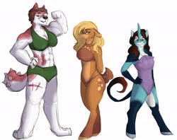 Size: 6898x5452 | Tagged: safe, artist:shellielle, derpibooru import, oc, oc only, oc:annie belle, oc:harley pyrite, oc:olive branch, anthro, deer pony, diamond dog, digitigrade anthro, dracony, hybrid, original species, unguligrade anthro, unicorn, absurd resolution, bikini, breasts, clothes, commission, female, female diamond dog, gift art, mare, muscles, one-piece swimsuit, swimsuit