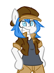 Size: 1035x1381 | Tagged: safe, artist:spheedc, derpibooru import, oc, oc only, oc:light chaser, anthro, earth pony, semi-anthro, bipedal, blue eyes, blue hair, clothes, digital art, female, hat, hooves on hips, mare, simple background, smiling, solo, white background