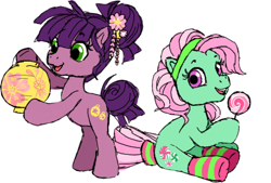 Size: 500x337 | Tagged: safe, artist:conphettey, derpibooru import, kimono, minty, pony, g3, g3.5, candy, clothes, duo, female, filly, food, g3 to g3.5, generation leap, lantern, lollipop, paper lantern, socks, striped socks