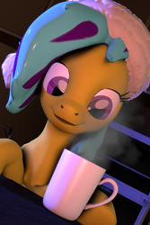 Size: 2160x3240 | Tagged: safe, artist:quicktimepony, derpibooru import, oc, oc:soloist song, pony, 3d, christmas, coffee, cup, hair, hat, holiday, night, santa hat, solo, source filmmaker