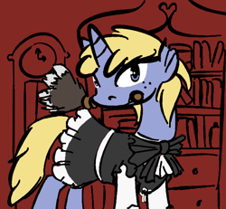 Size: 552x511 | Tagged: safe, artist:tempusfidgets, derpibooru import, oc, oc:paperslibrary, pony, unicorn, clothes, duster, maid, male, solo, torn ear