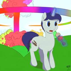 Size: 1000x1000 | Tagged: safe, artist:btbunny, derpibooru import, oc, oc only, pony, unicorn, explosion, male, microphone, reporter, solo