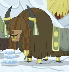 Size: 397x416 | Tagged: safe, derpibooru import, screencap, yak, not asking for trouble, background yak, braid, cloven hooves, cropped, hair over eyes, horn ring, nose piercing, nose ring, piercing, snow, snow cake, solo focus