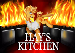 Size: 4960x3507 | Tagged: safe, artist:dankpegasista, derpibooru import, gourmand ramsay, pony, unicorn, blonde hair, carpet, chef, cook, dangerous, fire, gordon ramsay, hell's kitchen, kitchen, male, oven, ponified, poster, red carpet, solo, stallion, stove