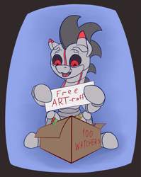 Size: 1505x1888 | Tagged: safe, artist:rubiont, derpibooru import, oc, oc only, oc:rubiont, pony, robot, robot pony, advertisement, art raffle, box, free art, macro/micro, milestone, pony in a box, raffle