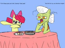 Size: 1600x1200 | Tagged: safe, artist:rigamortis_man, derpibooru import, apple bloom, granny smith, pony, /mlp/, 4chan, colored, dab, drawthread, duo, food, funny, funny as hell, meme, pie, simple background, slang, sunglasses, table, vulgar, yeet