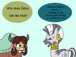 Size: 3324x2480 | Tagged: safe, artist:noidavaliable, derpibooru import, yona, zecora, yak, zebra, bowtie, dialogue, duo, looking at each other, monkey swings