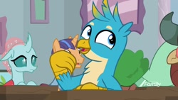 Size: 1920x1080 | Tagged: safe, derpibooru import, screencap, gallus, ocellus, yona, changedling, changeling, griffon, pony, unicorn, a rockhoof and a hard place, background pony, cute, fine catch, friendship student, gallabetes, male, solo focus, stallion