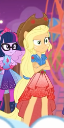 Size: 285x566 | Tagged: safe, derpibooru import, screencap, applejack, sci-twi, twilight sparkle, better together, equestria girls, rollercoaster of friendship, cropped, crossed arms, female, ponied up, scitwilicorn, super ponied up