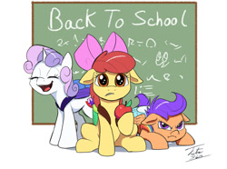 Size: 1200x891 | Tagged: safe, artist:tsitra360, derpibooru import, apple bloom, scootaloo, sweetie belle, earth pony, pegasus, pony, unicorn, apple, backpack, chalkboard, cutie mark crusaders, female, filly, floppy ears, food, smiling, trio, varying degrees of want