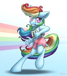 Size: 1920x2160 | Tagged: safe, artist:ohemo, derpibooru import, rainbow dash, anthro, bound wings, clothes, cute, dashabetes, female, looking at you, race, rope, shorts, smiling