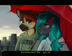 Size: 2500x1950 | Tagged: safe, artist:varllai, derpibooru import, oc, oc only, oc:crystal song, anthro, diamond dog, pegasus, anthro oc, city, cityscape, clothes, diamond dog oc, female, hoodie, male, mare, police, umbrella