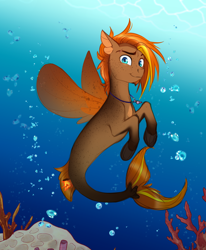 Size: 2550x3096 | Tagged: safe, artist:askbubblelee, derpibooru import, oc, oc only, oc:singe, pony, seapony (g4), bubble, coral, freckles, male, smiling, solo, stallion, underwater