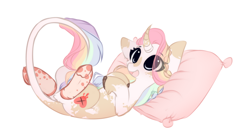 Size: 1280x676 | Tagged: safe, artist:little-sketches, derpibooru import, oc, oc only, pony, unicorn, curved horn, female, horn, leonine tail, mare, on back, pillow, simple background, solo, white background