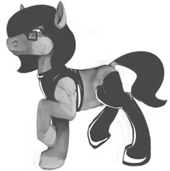 Size: 707x710 | Tagged: safe, artist:tempusfidgets, derpibooru import, earth pony, pony, bra, clothes, crop top bra, latex, leggings, male, monochrome, simple background, solo, underwear