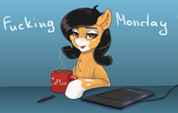 Size: 1077x683 | Tagged: safe, artist:kittytitikitty, derpibooru import, oc, oc only, earth pony, pony, coffee, dappled, female, lidded eyes, mare, solo, tablet, vulgar