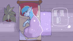 Size: 1920x1080 | Tagged: safe, artist:sweettodessertto, derpibooru import, oc, oc only, oc:honey melon, pony, bed, blanket, crying, dialogue, digital art, female, lying down, mare, offscreen character, sad, teary eyes