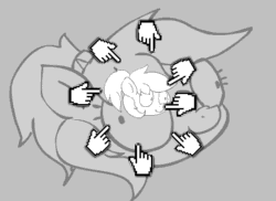 Size: 550x400 | Tagged: safe, anonymous artist, derpibooru import, oc, oc only, oc:pillow case, pony, /mlp/, 4chan, animated, boop, cookie clicker, cute, derp, disembodied hand, hand, monochrome, non-consensual booping, ponies in earth, ponytail, scrunchy face, solo, vibrating