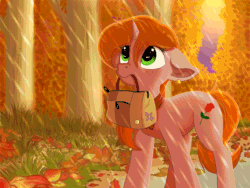 Size: 1470x1103 | Tagged: safe, artist:zobaloba, derpibooru import, oc, oc only, oc:debra rose, pegasus, pony, unicorn, animated, autumn, bag, blinking, commission, cutie mark, ear fluff, female, floppy ears, gif, gift art, goodbye, horn, leaves, mare, mouth hold, rain, sad, scenery, solo, tree, ych result