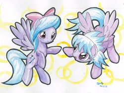 Size: 4000x3000 | Tagged: safe, artist:michiito, derpibooru import, cloudchaser, flitter, pegasus, pony, bow, duo, female, mare, sisters, watercolor painting